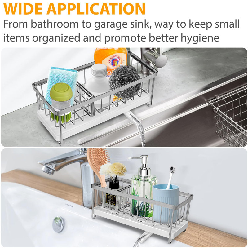 Rustproof Stainless Steel Sink Caddy With Adjustable Divider, Self-Draining Design, Organized Storage For Sponges, Brushes, And Dish Soap