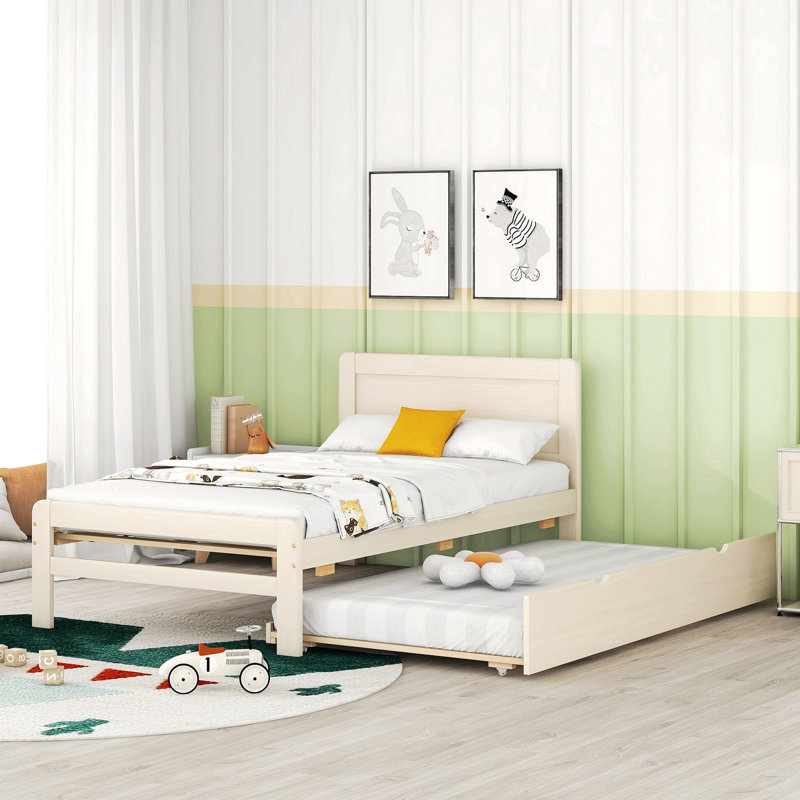 Bed Frame with Trundle,Platform Bed,Beds, White Washed
