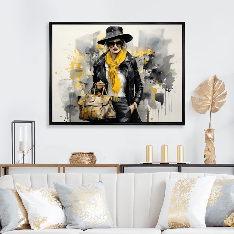 " Yellow And Grey Fashionistas Portrait I ", H 30 po x l 40 po, Cadre flottant noir