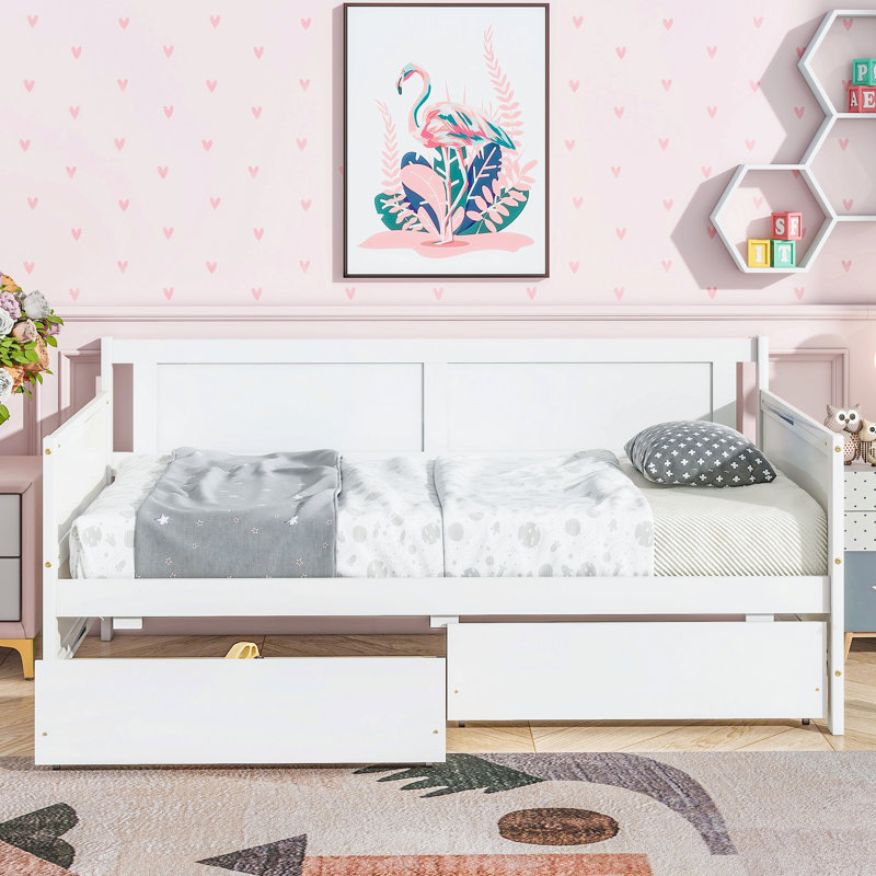 Twin Size Pine Wood Daybed With Two Storage Drawers, White