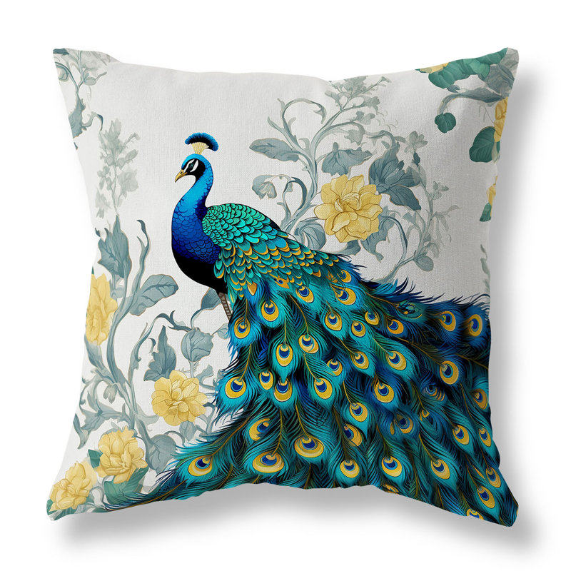 Peacock and Floral Faux Suede Reversible Throw Pillow