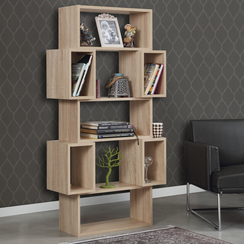 Bibliothèque moderne avec de nombreuses tablettes, finition chêne clair, 33,1 x 63,0 x 11,8 pouces | 100% panneau de particules enduit de mélamine, épaisseur: 0,7 pouce | Conception murale, parfaite pour la maison ou le bureau