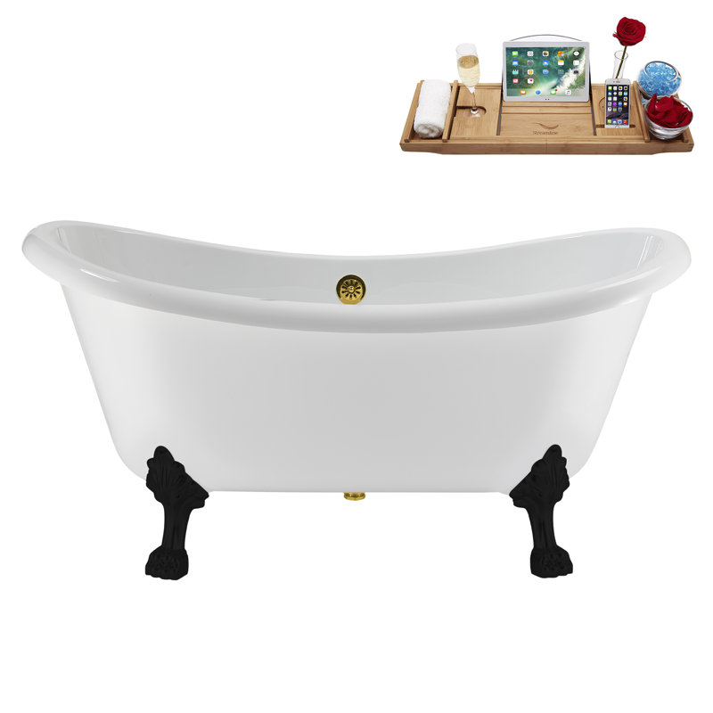 59" Streamline Clawfoot Tub,Tray,Drain, Clawfeet, Matte Black, Polished Gold