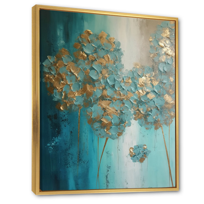 «Hydrangea Flower Blossoming Gold Retro Teal Gold I», reproduction sur toile, H 40 po x l 30 po x P 1,5 po
