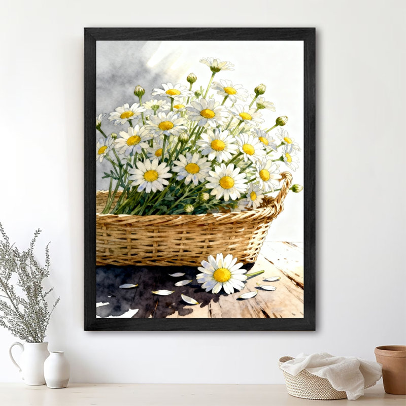 Art encadré noir, panier de fleurs rempli de marguerites, impressions de style rétro, H 17 po x l 13 po