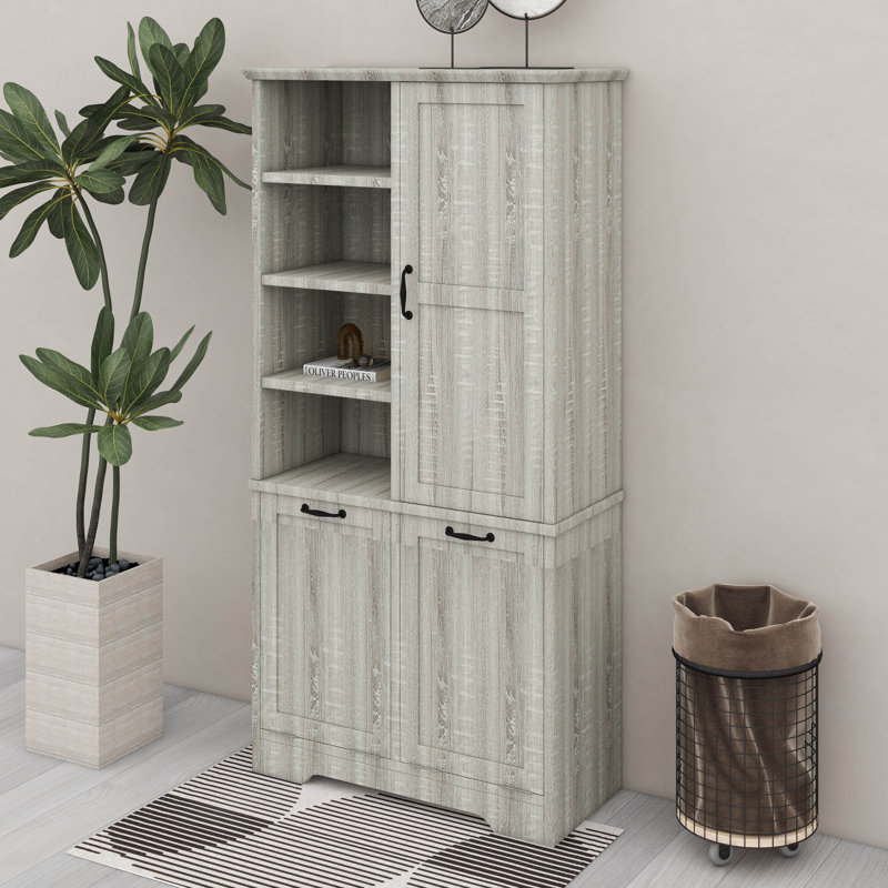 Bathroom Storage Cabinet With Doors And Drawers, Tilt-Out Laundry Hamper, Open Shelve, Adjustable Shelf, Oak