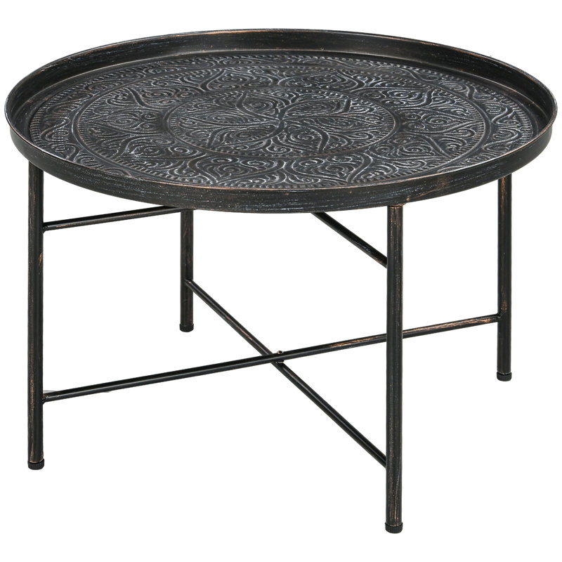 Pewter Round Metal Coffee Table with Hammered Tray Top