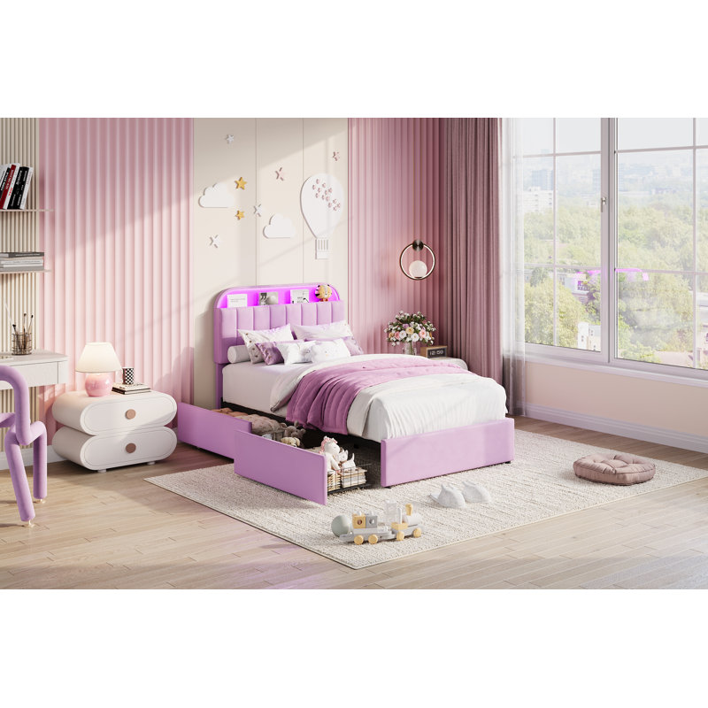 Base de lit simple tapissier en velours avec tête de lit réglable, 2 tiroirs sous le lit, lumières à DEL RVB, support de lattes, aucun sommier requis, mauve