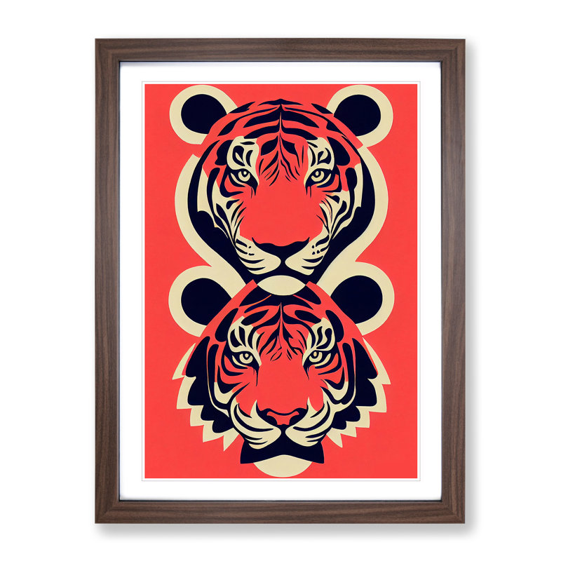Two Tiger Heads - Single Picture Frame Print, 64cm H x 46cm W x 2cm D, Walnut 