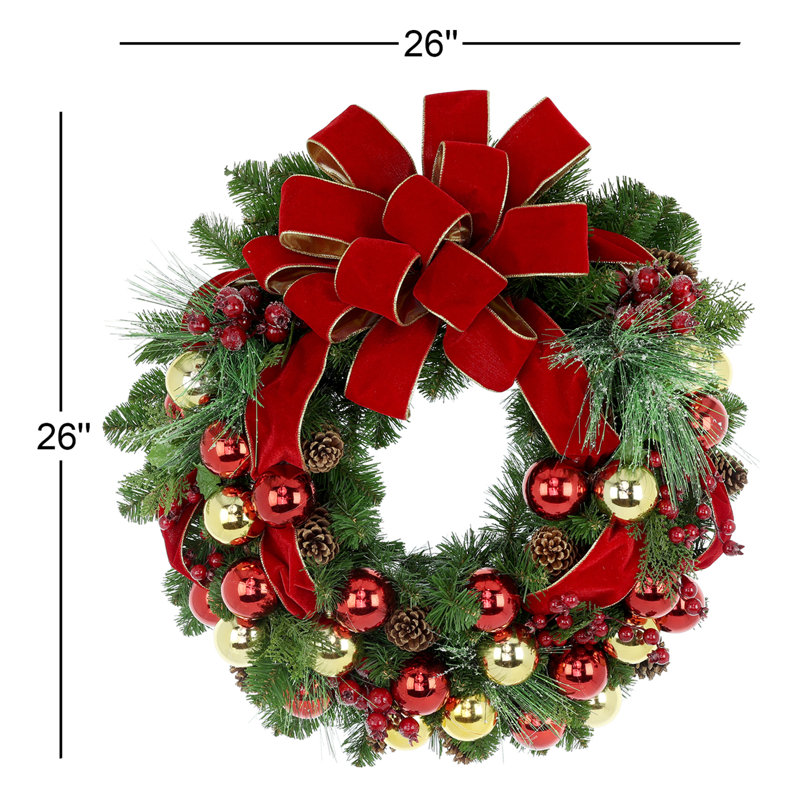 Red and Gold Holiday Wreath with Ornaments and Pine Cones