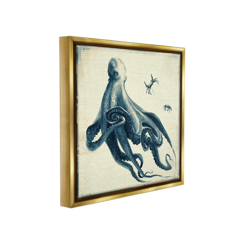 "Octopus And Sea Critter" par Vlad Mel sur toile, Cadre flottant métallique doré, H 18 po x l 18 po