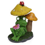 12"H Frog Mushroom Statue with Solar Light-Up Eyes for Garden & Lawn