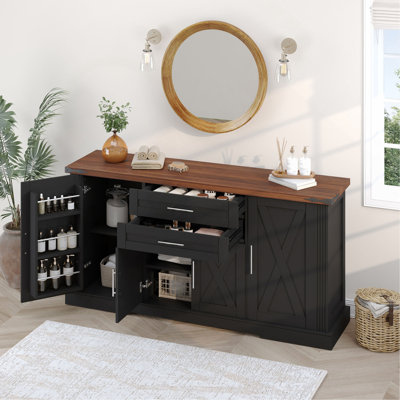 63" Farmhouse Barn Door Storage Cabinet with 2 Drawers & Door Rack, Large Buffet Table Coffee Bar Cabinets with Adjustable Shelves for Kitchen, Living Room, Entryway, Dining Room