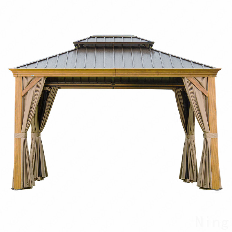 Moustiquaire en aluminium 10X12FT pour l'extérieur avec double toit en acier galvanisé (aspect bois), Gris
