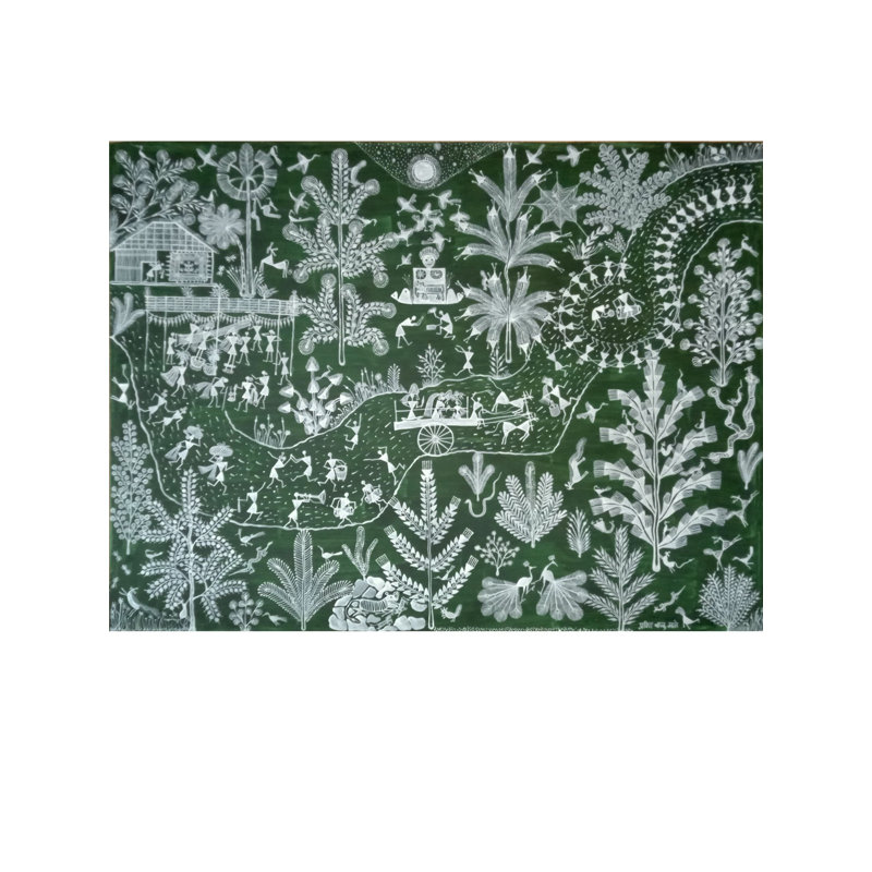 Peinture de la célébration du village | Bouse de vache et acrylique sur toile Manjarpat | Par Pravin Mhase
