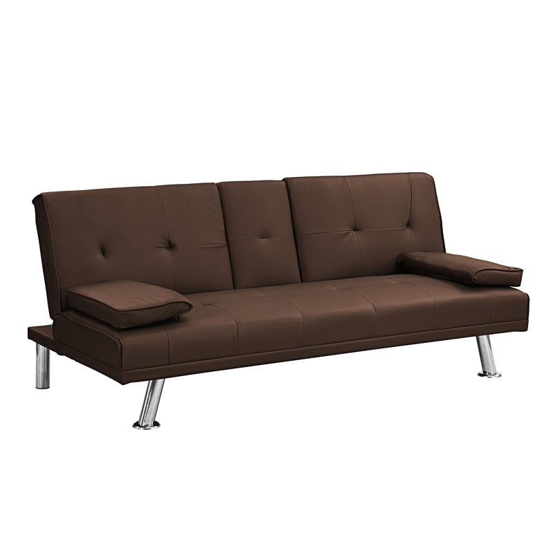 Sofa Bed With Armrest Two Holders  WOOD FRAME, Brown PVC
