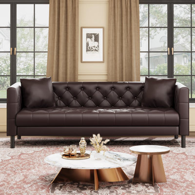 Canapé de 81 po en cuir, canapé Chesterfield à assise profonde capitonné à 3 boutons fait à la main