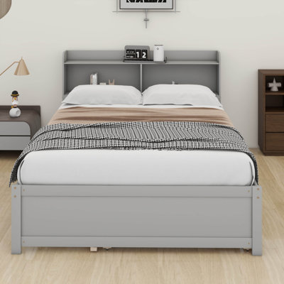 Full Bed With Trundle And Storage Headboard, Wood Full Trundle Bed With Headboard And Storage Bookcase For Teens,Adults