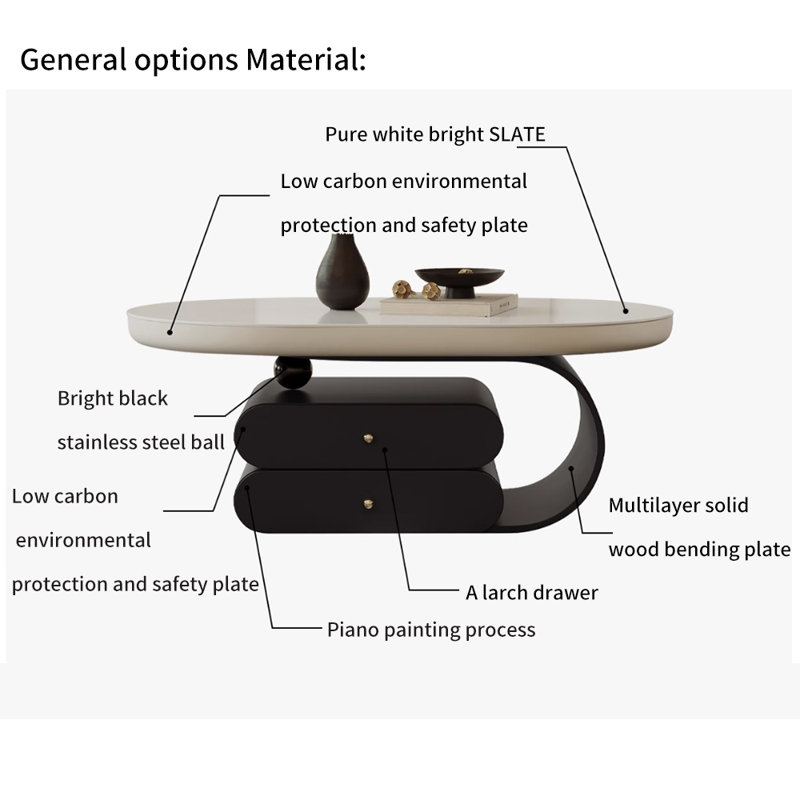 Oval Coffee Table Ergonomic Design, 16.53" H x 43.3" L x 27.55" W