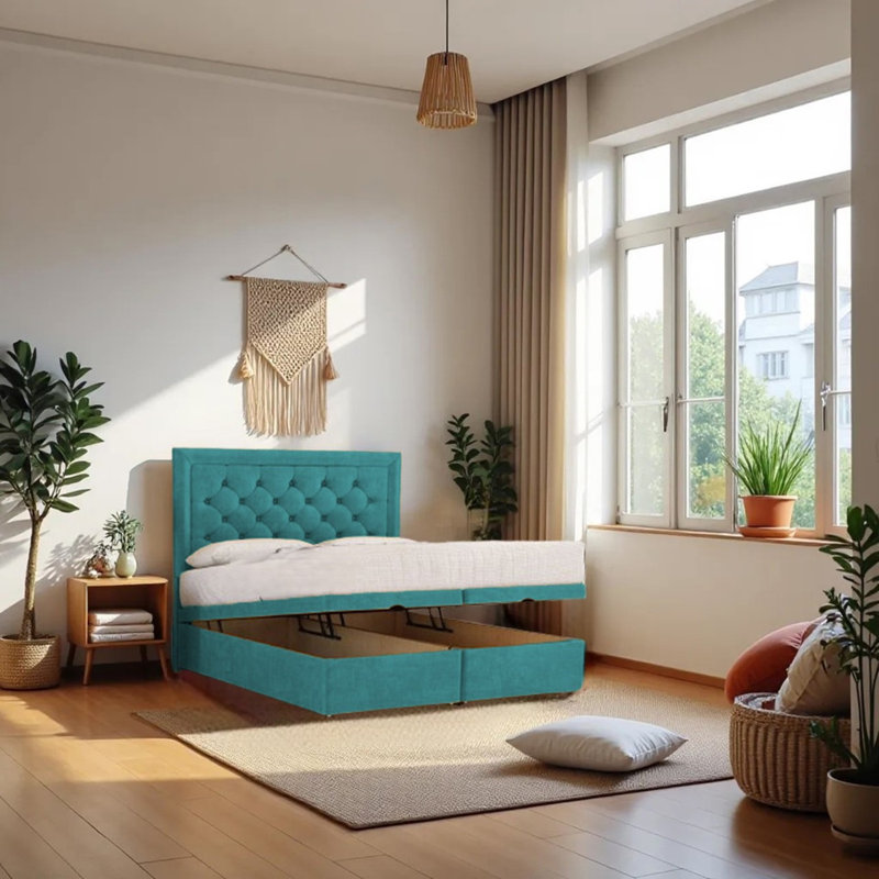 Upholstered Bed with Mattress, Super King (6'), Sky Blue