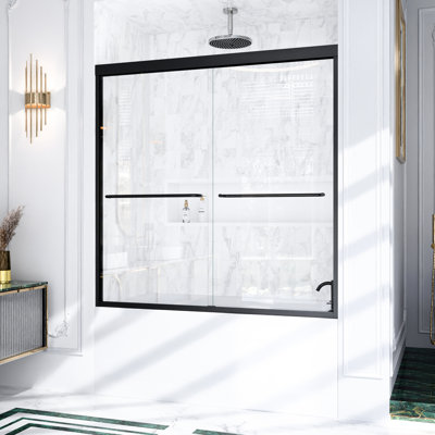 Porte de douche semi-double coulissante 60 po H 60 po, verre trempé épais de 6 mm de 1/4 po, noir mat, porte pour une installation facile, cadre en aluminium, roulettes en acier inoxydable s'ouvrant et se fermant sans effort,