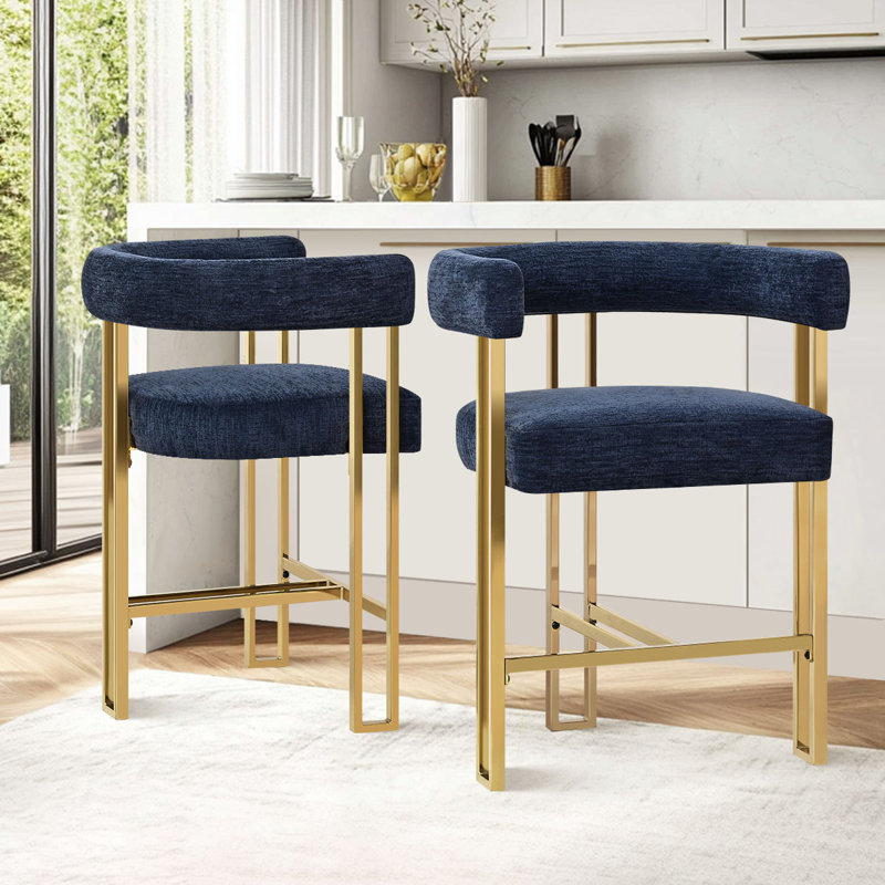 Ensemble de 2 tabourets de comptoir rembourrés en chenille dorée Woburn, Bleu