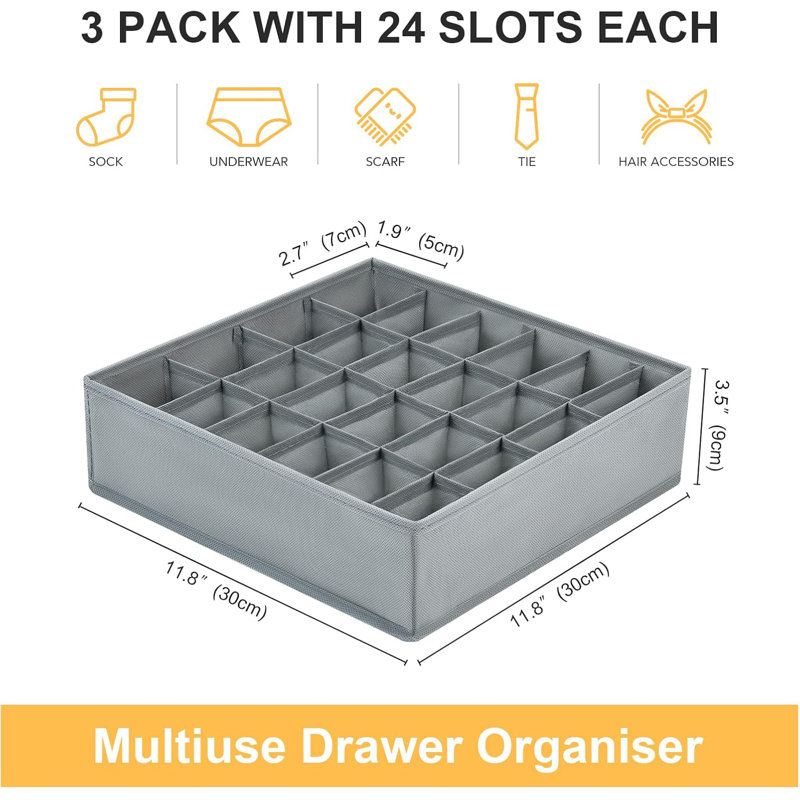 Dresser Drawer Organizers For Socks, Ties & Clothing - 3 Pack, 72 Grid Compartments, Gray