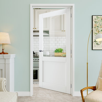 28" x 80" Half-Lite Clear Glass Interior Prehung Door with Curve Lever and Silver Hinges, Clear Glass Door Slab, Paintable & Waterproof, Suit for Laundry, Closet Doors, Room Doors, Right Hand