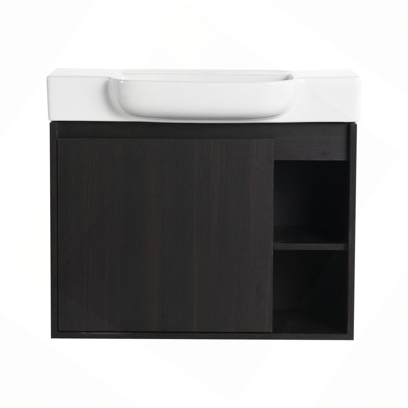 Meuble-lavabo mural 28 po avec lavabo en céramique et garniture de porte à fermeture en douceur 28 po, Chêne foncé