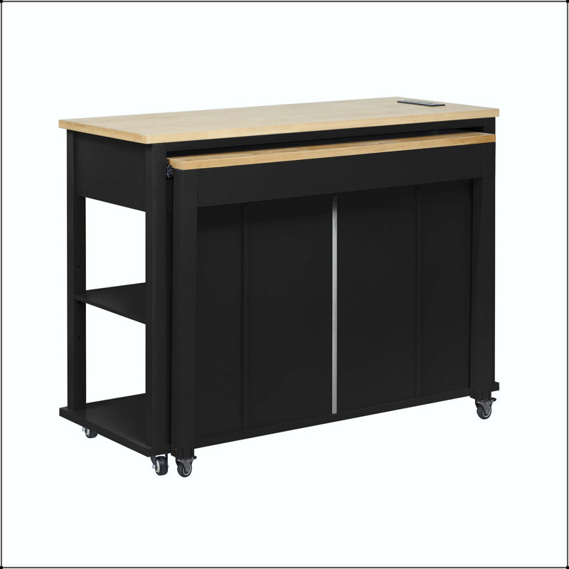 47" Kitchen Island with Extendable Dining Table, Internal Racks, and Power Outlet – Black, Black