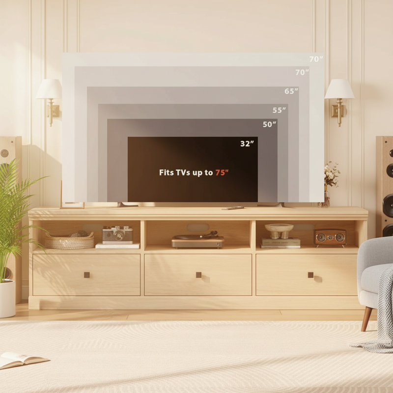 TV Console, With Open Shelves And Storage Drawer, Natural