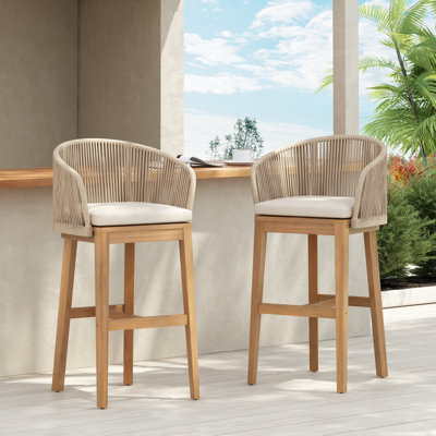 Bronson Outdoor 30.5" Seat Height Acacia Wood Bar Stools With Rope Backs & Cushions by George Oliver
