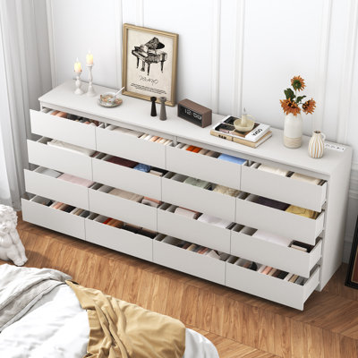 87" 16-Drawer Dresser & TV Stand With Charging Station For Bedroom, Living Room, Entryway