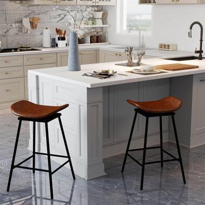 Swivel Barstools Set of 2 Faux Leather Upholstered Backless Bar Height Chairs Brown