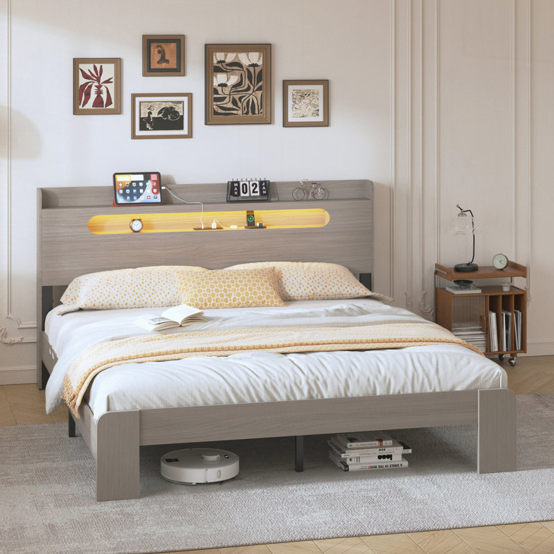 Wood Platform Bed Frame With Storage LED Light Headboard And 2 USB , Noise Free,No Box Spring Needed And Easy Assembly Tool,Large Under Bed Storage