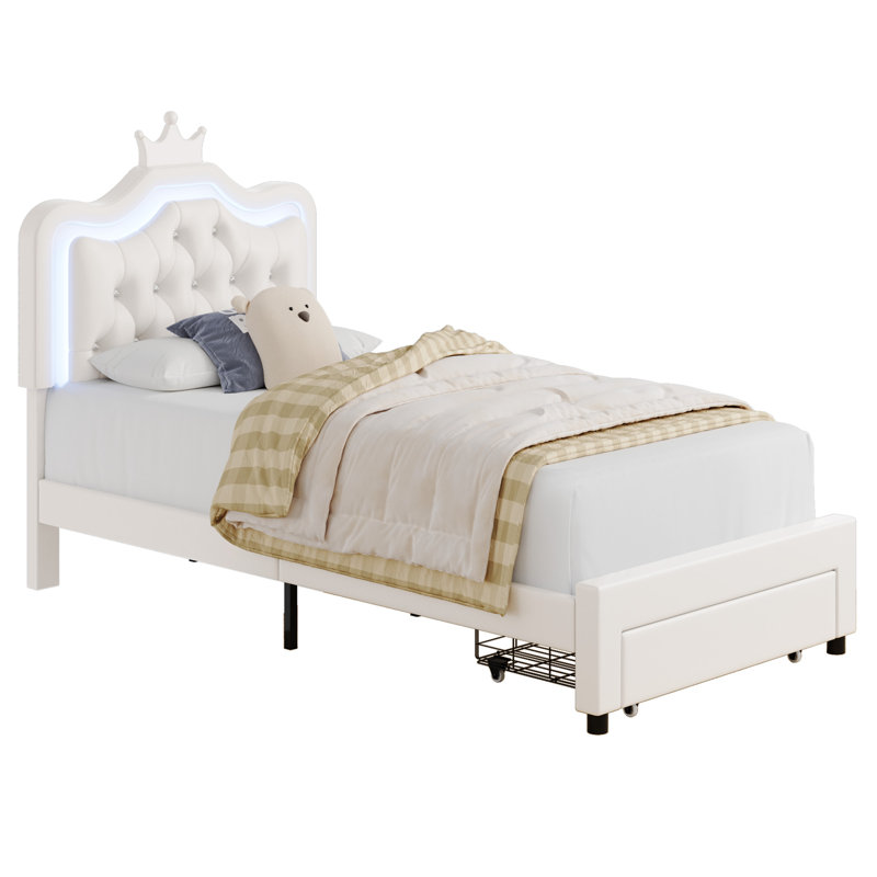 Largent Leather Upholstered Storage Bed with LED Lights and Crown Headboard, Kids Beds, Twin, White