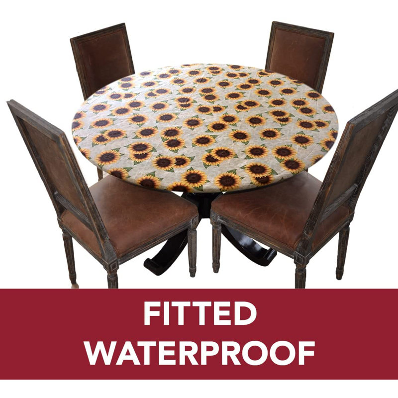 Rosalind Wheeler Deluxe Elastic Edged Flannel Backed Vinyl Fitted Table Cover - Sunflower Pattern - Large Round - Fits Tables Up To 45" - 56" Diameter