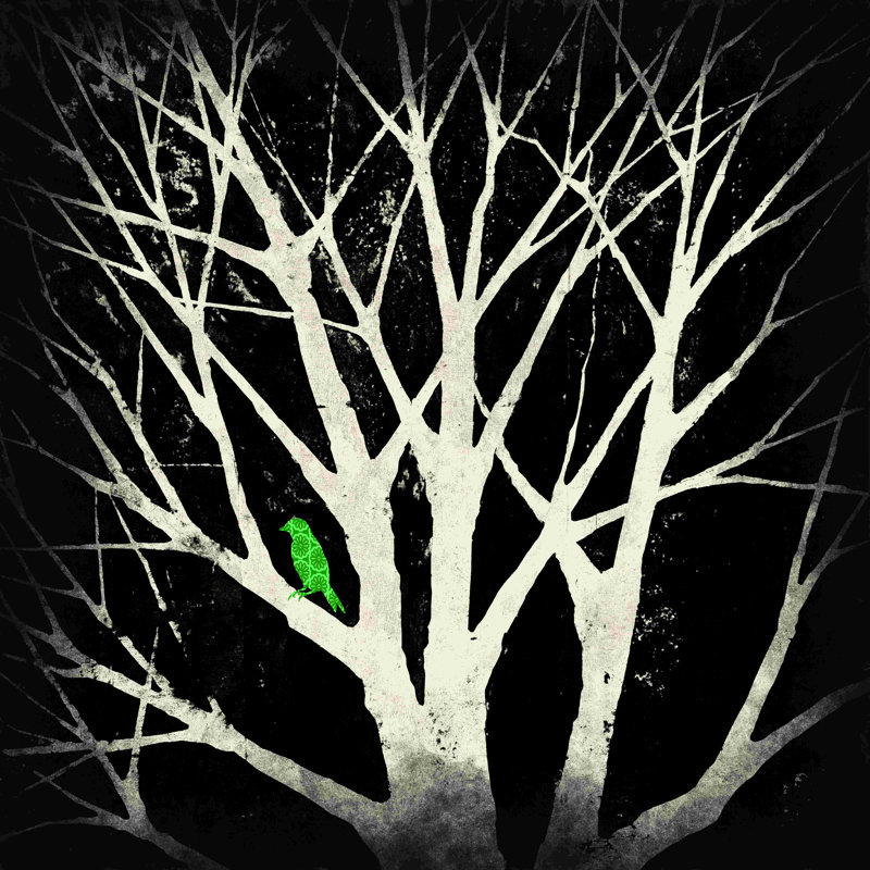 Arbre noir et blanc délavé avec oiseau - peinture sur toile tendue, H 36 po x l 36 po