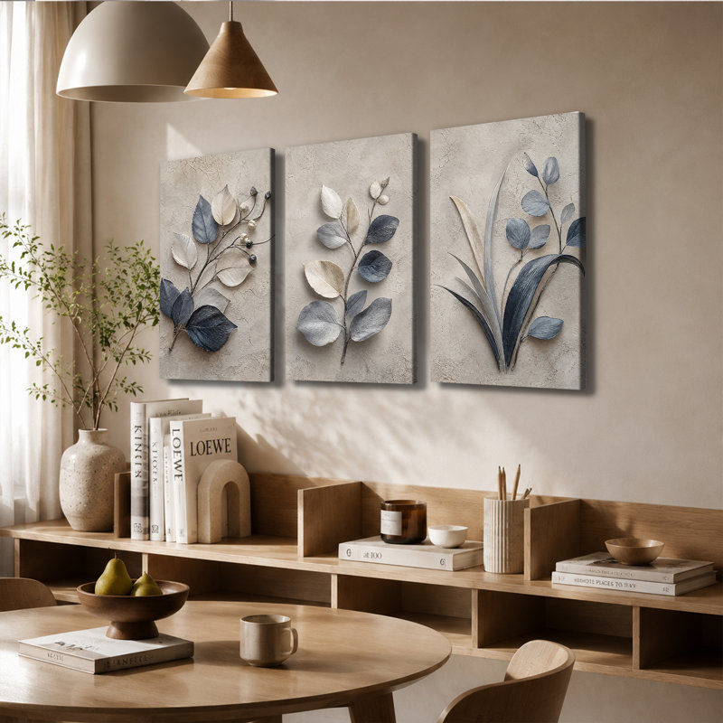 Tableau sur toile texturé 3D représentant des feuilles et des branches d'eucalyptus - Décoration murale neutre