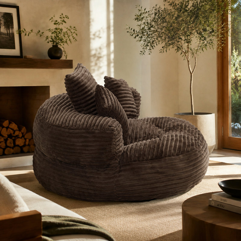 Pouf individuel avec mousse à mémoire de forme, revêtement en velours côtelé et 3 coussins