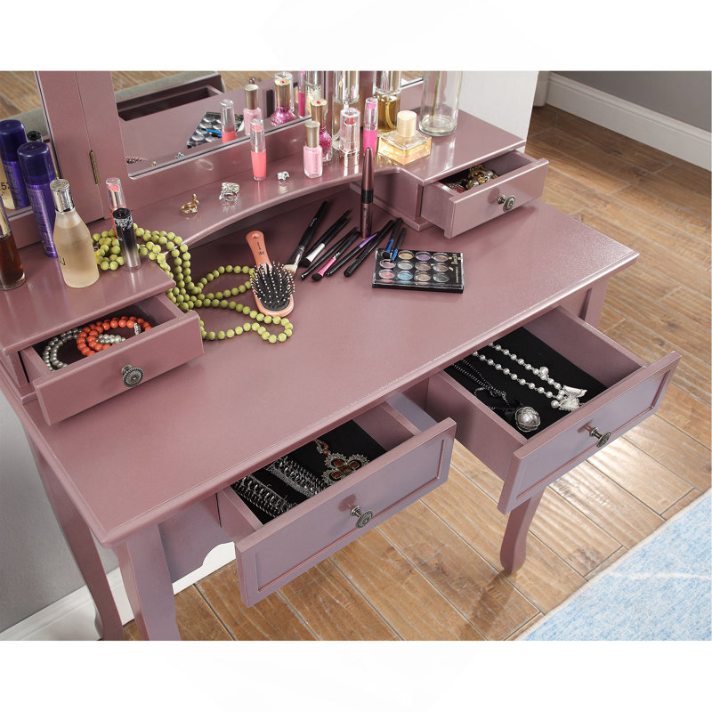 Ensemble coiffeuse et tabouret en bois Sanlo, Or rose