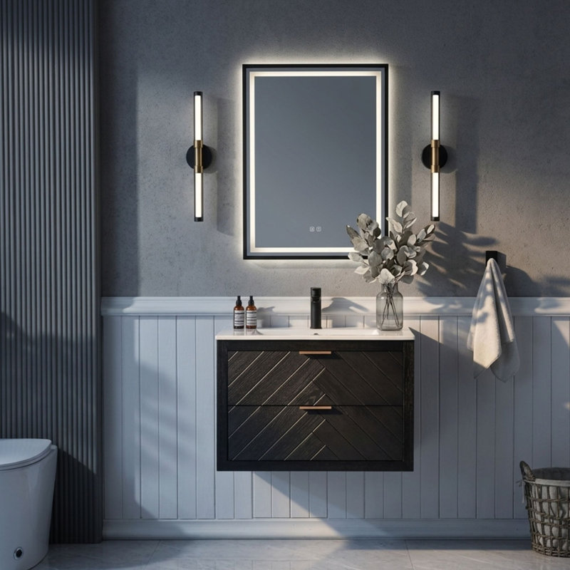 Meuble-lavabo mural simple 30 po avec tiroirs à chevrons texturés et lavabo en céramique intégré, noir