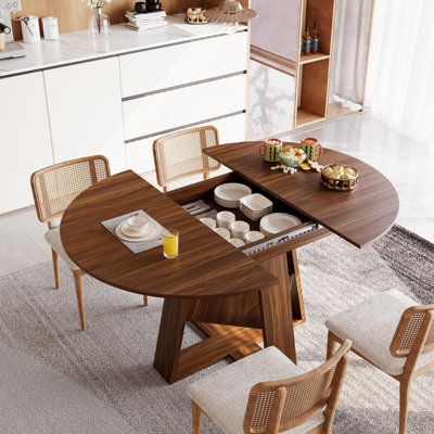 43.3''-59'' Extendable Round Dining Table For Seats 8 , Mid Century Modern Wooden Round Table With Removable Leaves Space Saving, For Kitchen Living Room