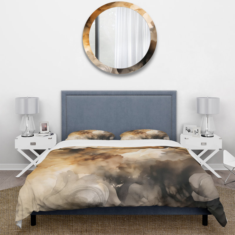 Ensemble de housse de couette à motif abstrait brun et crème, Housse de couette simple et deux taies décorative