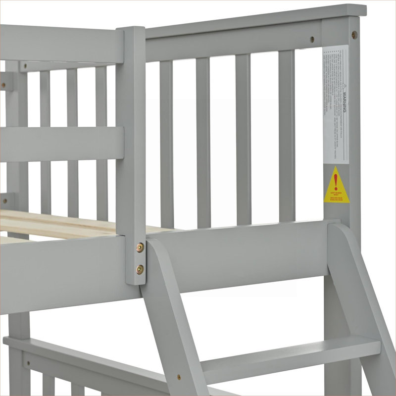 Lit superposé simple au-dessus d'un lit double en bois massif gris classique avec tiroirs de rangement, échelle et garde-corps pour chambres