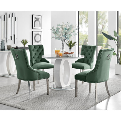Scottsmoor Modern High Gloss & Glass Dining Table with 4 Luxury Velvet Dining Chairs