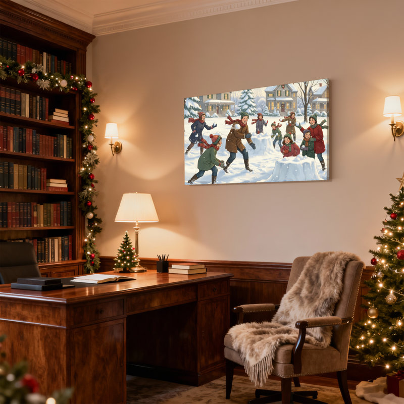 Enfants de Noël jouant dans une scène d'hiver enneigée, ensemble de 3 impressions d'art sur toile, H 12 po x l 18 po