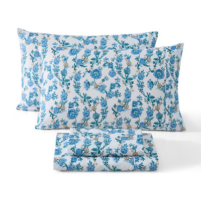 HLC.ME Ditsy Printed Floral Bed Sheets - 4 Piece Patterned Bed Sheet Set - Wrinkle Resistant &  Soft - Fits Mattresses Up To 15 Inches Deep (Queen, Blue)