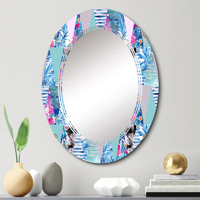 Forme triangulaire avec feuilles tropicales - Miroir mural à motif ovale, 30 po x 20 po