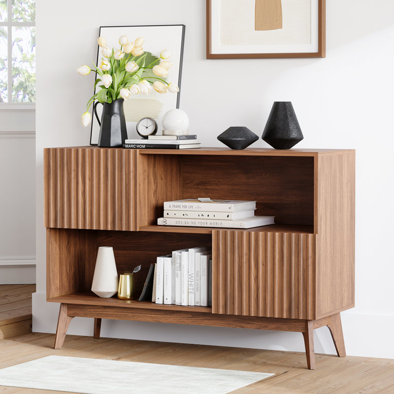 100cm Sideboard Storage Cabinet, 2 Door Wooden Buffet with Ribbed Texture, Walnut